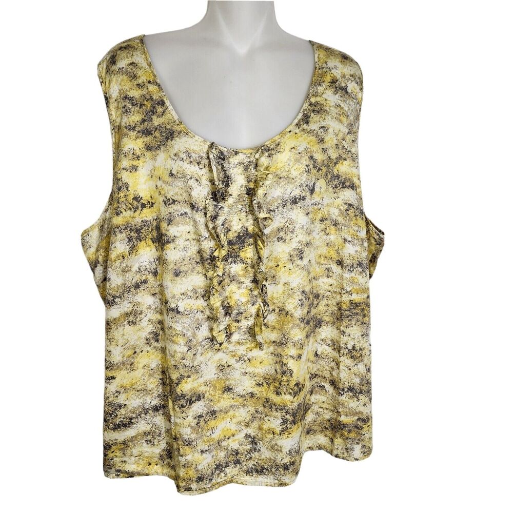 Talbots Women Tank Top Size 24W Sleeveless Yellow Gray Ruffled Scoop Neck Cotton